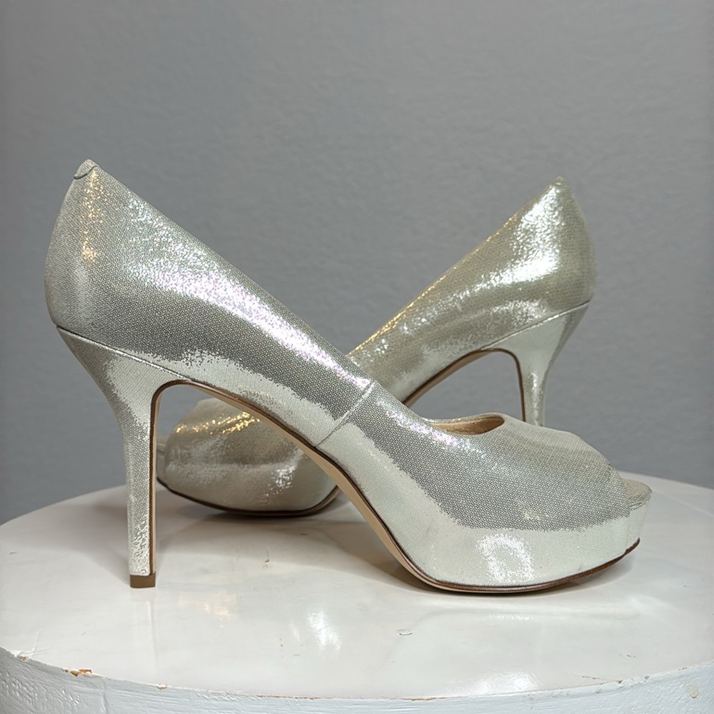 NINE WEST QTPIE METALLIC LEATHER PEEP TOE PLATFORM HEELS - Picture 6 of 15